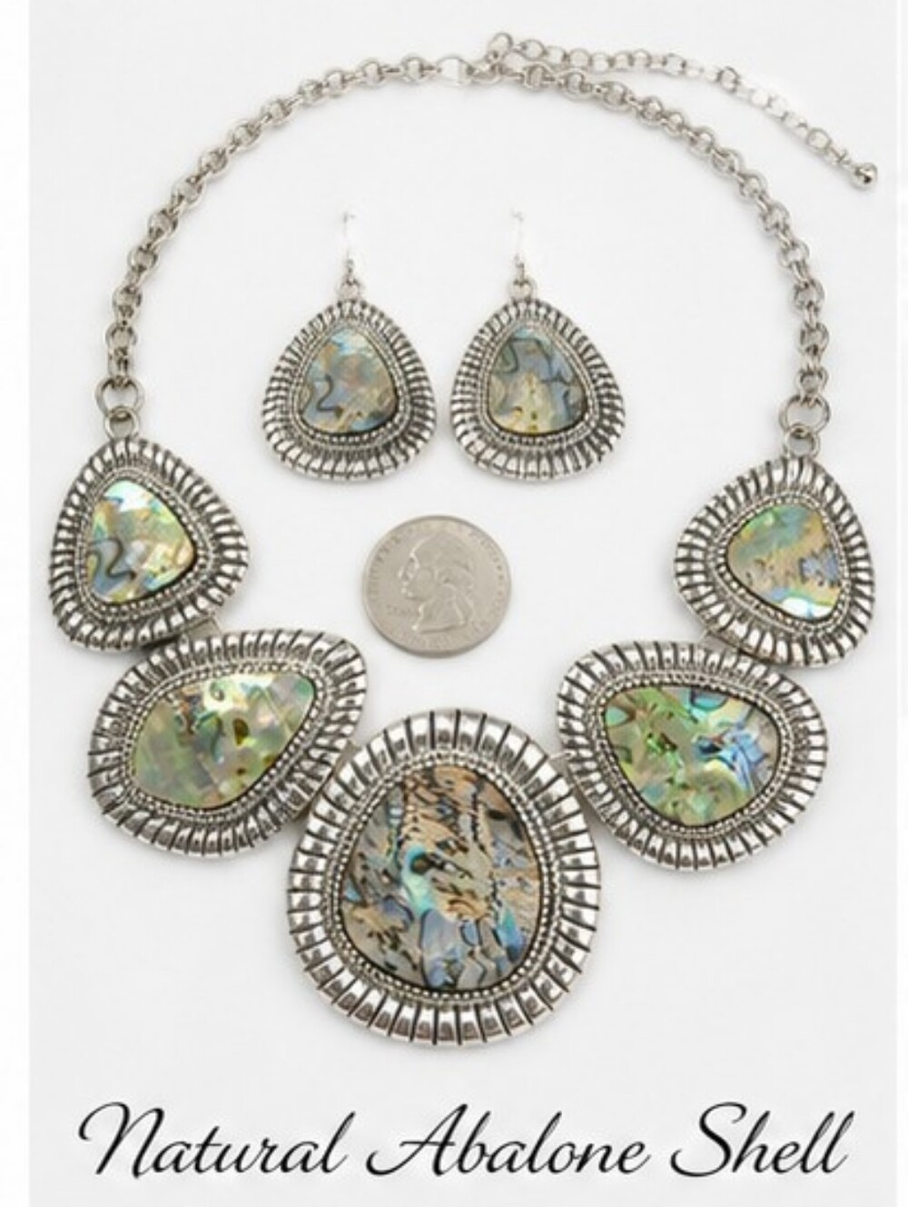 Natural Abalone Shell Statement Necklace & Earrings Set NWT Rhodium Plated Silve - Picture 3 of 9